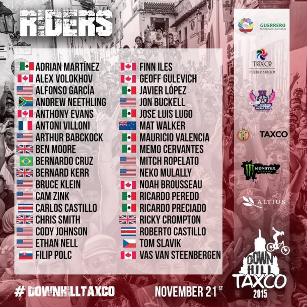 La liste des riders inscrits à la descente urbaine Down Hill Taxco 2015